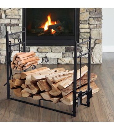 Firewood Stand Log Rack Holder Black Metal 76H x 84L x 33Dcm 84cm with 4-PC
