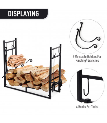 Firewood Stand Log Rack Holder Black Metal 76H x 84L x 33Dcm 84cm with 4-PC