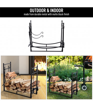 Firewood Stand Log Rack Holder Black Metal 76H x 84L x 33Dcm 84cm with 4-PC