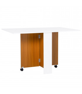 Folding Drop Leaf Table Dining Mobile Writing Desk with Casters - Teak/White