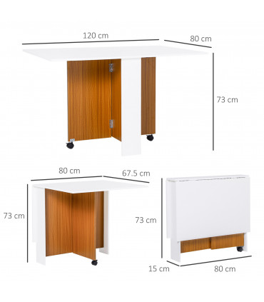 Folding Drop Leaf Table Dining Mobile Writing Desk with Casters - Teak/White