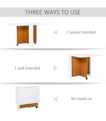 Folding Drop Leaf Table Dining Mobile Writing Desk with Casters - Teak/White
