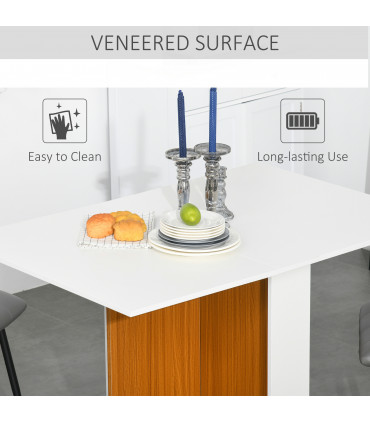 Folding Drop Leaf Table Dining Mobile Writing Desk with Casters - Teak/White