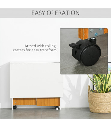 Folding Drop Leaf Table Dining Mobile Writing Desk with Casters - Teak/White