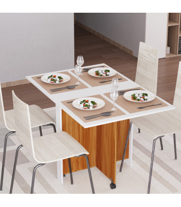 Folding Drop Leaf Table Dining Mobile Writing Desk with Casters - Teak/White