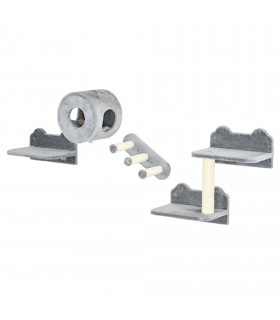 Cat Tree - Four-Piece Wall with Platforms, Steps, Perch, Cat House - Grey