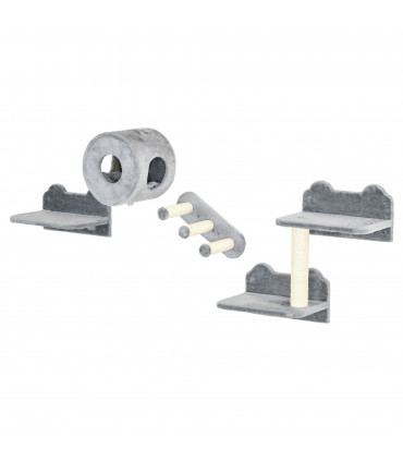 Cat Tree - Four-Piece Wall with Platforms, Steps, Perch, Cat House - Grey