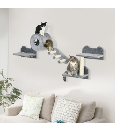 Cat Tree - Four-Piece Wall with Platforms, Steps, Perch, Cat House - Grey