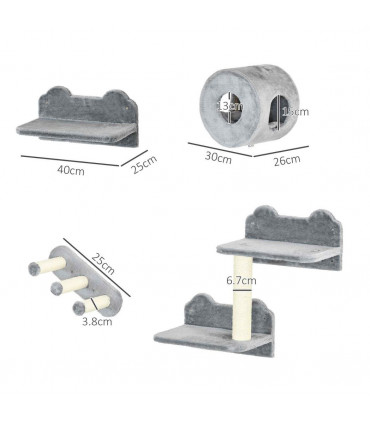 Cat Tree - Four-Piece Wall with Platforms, Steps, Perch, Cat House - Grey