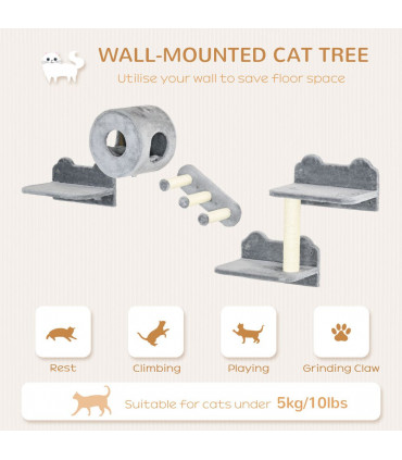 Cat Tree - Four-Piece Wall with Platforms, Steps, Perch, Cat House - Grey