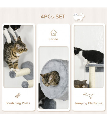 Cat Tree - Four-Piece Wall with Platforms, Steps, Perch, Cat House - Grey
