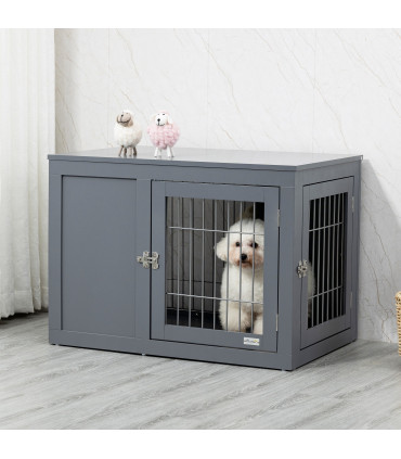 Dog Crate Furniture-Style Grey MDF 59.7H x 83.3L x 55.3Wcm Two Lockable Doors