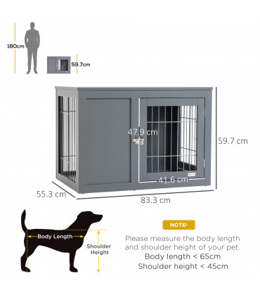 Dog Crate Furniture-Style Grey MDF 59.7H x 83.3L x 55.3Wcm Two Lockable Doors