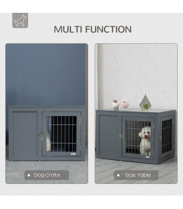 Dog Crate Furniture-Style Grey MDF 59.7H x 83.3L x 55.3Wcm Two Lockable Doors