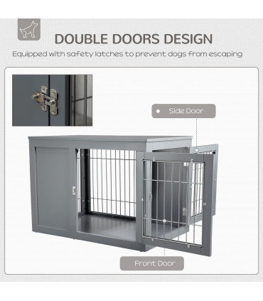 Dog Crate Furniture-Style Grey MDF 59.7H x 83.3L x 55.3Wcm Two Lockable Doors