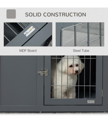 Dog Crate Furniture-Style Grey MDF 59.7H x 83.3L x 55.3Wcm Two Lockable Doors