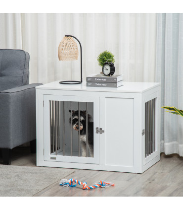 Dog Crate End Table, White MDF, 67H x 91.8L x 58.5Wcm, 2 Doors, Medium Dogs