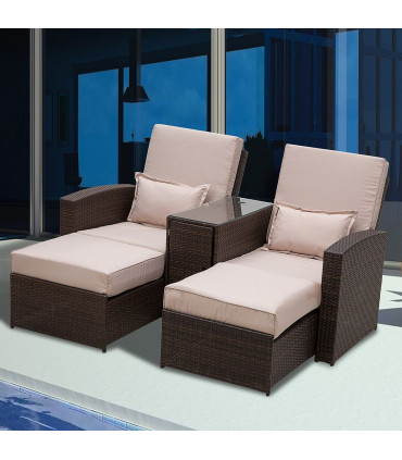 Garden Double Rattan Sun Lounger Sofa Recliner Wicker Patio Brown PE rattan