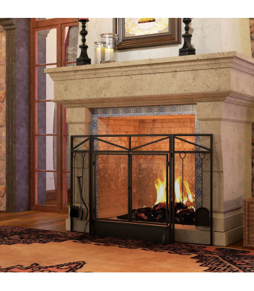 HOMCOM 3 Panel Folding Fire Guard with Tool Doors Fire Screen Spark Guard