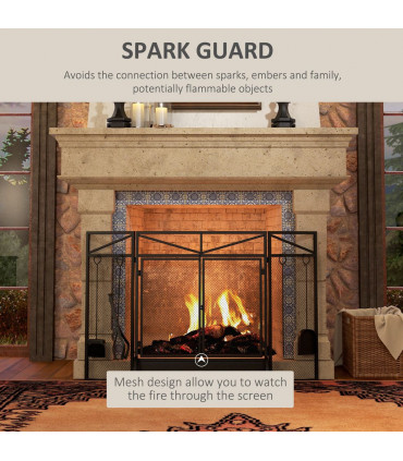 HOMCOM 3 Panel Folding Fire Guard with Tool Doors Fire Screen Spark Guard