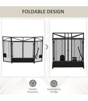 HOMCOM 3 Panel Folding Fire Guard with Tool Doors Fire Screen Spark Guard