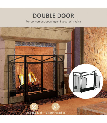 HOMCOM 3 Panel Folding Fire Guard with Tool Doors Fire Screen Spark Guard