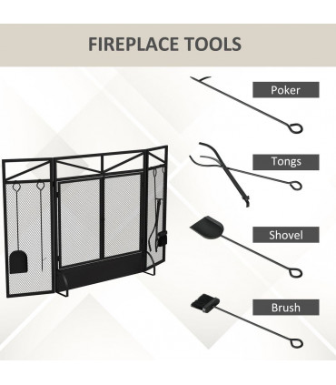 HOMCOM 3 Panel Folding Fire Guard with Tool Doors Fire Screen Spark Guard