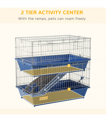 2-Tier Small Animal Cage Blue and Grey Metal Wire Fencing 72L x 44W x 67H cm