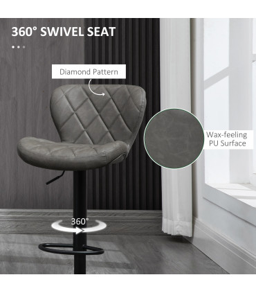 Bar Stools Set of 2 Dark Grey Faux Leather Adjustable Height Swivel Barstools