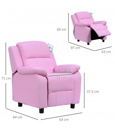 Kids Recliner Armchair PU Leather Pink 63W x 64D x 71H cm Comfortable Padded