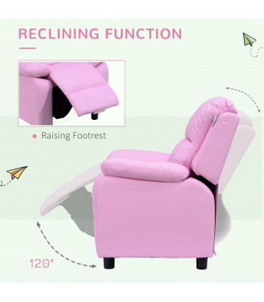Kids Recliner Armchair PU Leather Pink 63W x 64D x 71H cm Comfortable Padded