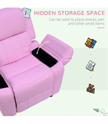 Kids Recliner Armchair PU Leather Pink 63W x 64D x 71H cm Comfortable Padded