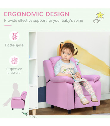 Kids Recliner Armchair PU Leather Pink 63W x 64D x 71H cm Comfortable Padded