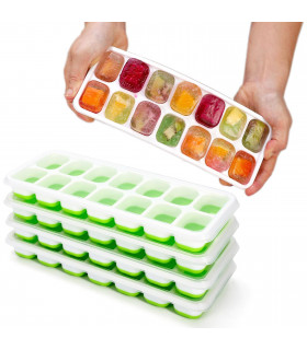 Silicone Ice Cube Trays with Clear Removable Lids BPA Free - Green 4Pack