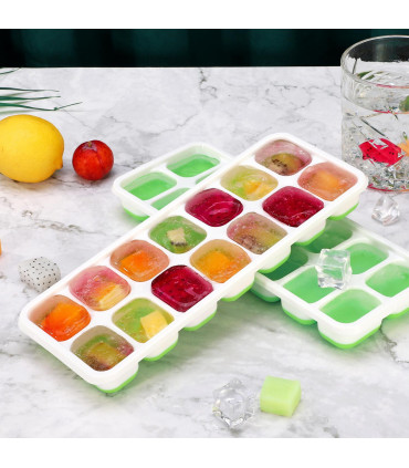 Silicone Ice Cube Trays with Clear Removable Lids BPA Free - Green 4Pack