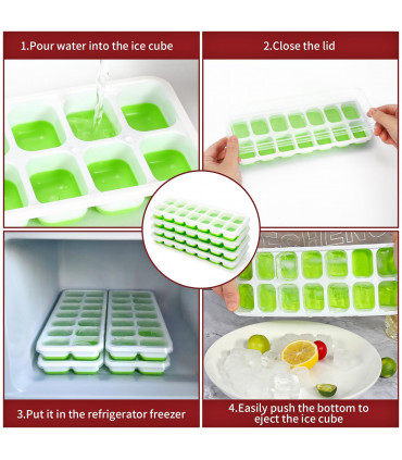 Silicone Ice Cube Trays with Clear Removable Lids BPA Free - Green 4Pack
