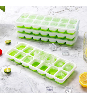 Silicone Ice Cube Trays with Clear Removable Lids BPA Free - Green 4Pack