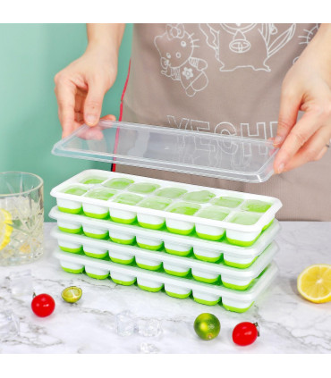 Silicone Ice Cube Trays with Clear Removable Lids BPA Free - Green 4Pack