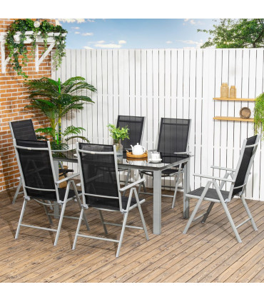 Outdoor Dining Table Black Aluminium 150L x 90W x 74Hcm 7pc Set 6 Folding Chairs