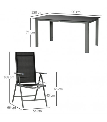 Outdoor Dining Table Black Aluminium 150L x 90W x 74Hcm 7pc Set 6 Folding Chairs