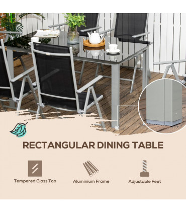 Outdoor Dining Table Black Aluminium 150L x 90W x 74Hcm 7pc Set 6 Folding Chairs