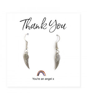Earrings Silver 17mm Angel Wing on Rainbow Thank You Card in Gift Box