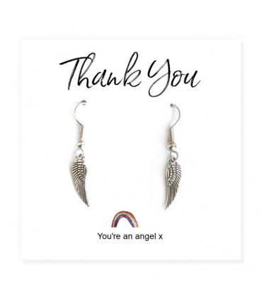 Earrings Silver 17mm Angel Wing on Rainbow Thank You Card in Gift Box