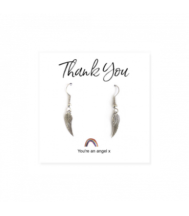 Earrings Silver 17mm Angel Wing on Rainbow Thank You Card in Gift Box