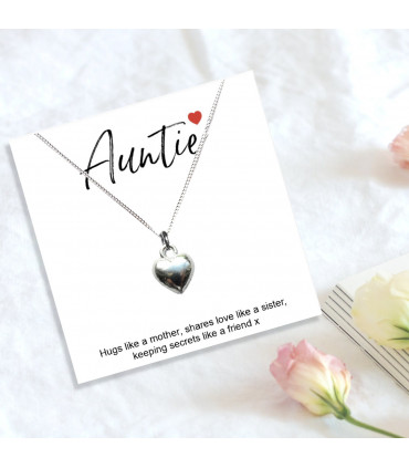 Necklace Auntie Message Card Heart Silver 16 inches (40.5cm) Sterling Puff