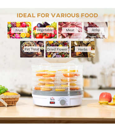 5 Tier Food Dehydrator 245W Stainless Steel Food Dryer Machine Timer LCD White