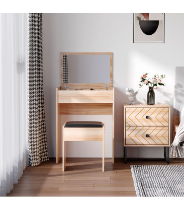 Dressing Table Set with Mirror & Stool-Wood 60.2cmx40.2cmx79cm Wood Grain