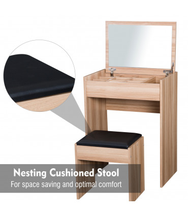 Dressing Table Set with Mirror & Stool-Wood 60.2cmx40.2cmx79cm Wood Grain
