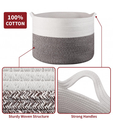 Cotton Rope Laundry Basket WHT & NATURAL 56 x 35.5cm - Natural Hand-Woven Basket