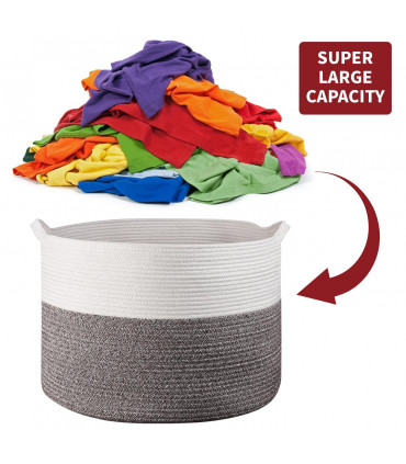 Cotton Rope Laundry Basket WHT & NATURAL 56 x 35.5cm - Natural Hand-Woven Basket